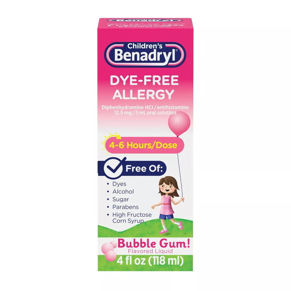 Benadryl Children's Dye-Free Allergy Liquid, Bubble Gum, 4 Oz